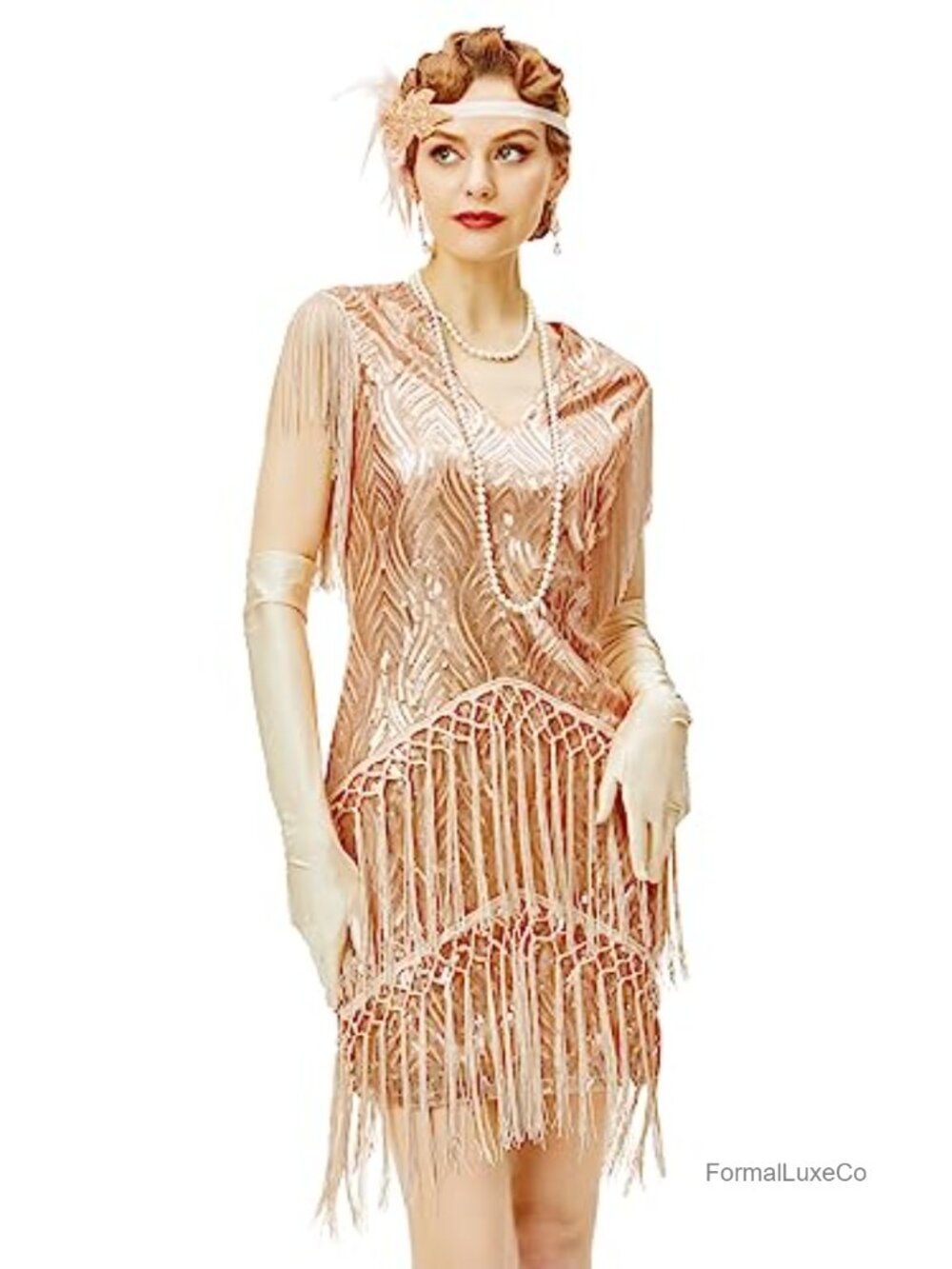 1920s Flapper Dress Long Fringed Sequin Beaded Gatsby Art Deco Vintage Sheath